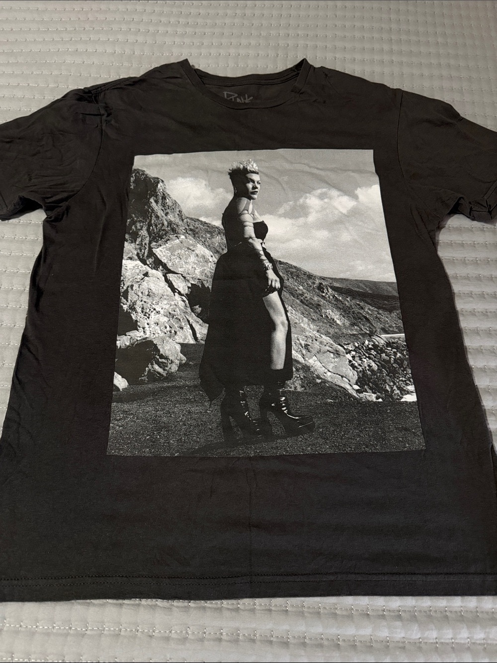PINK Crewneck Concert Tee with Monochrome Photo Graphic size medium